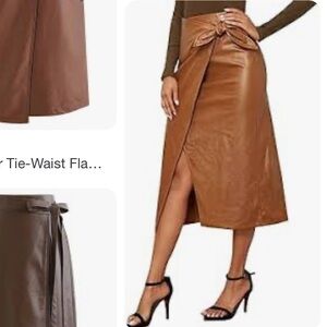 $248 Enzo Costa Cognac Faux Leather Wrap Midi Skirt tie women size Medium